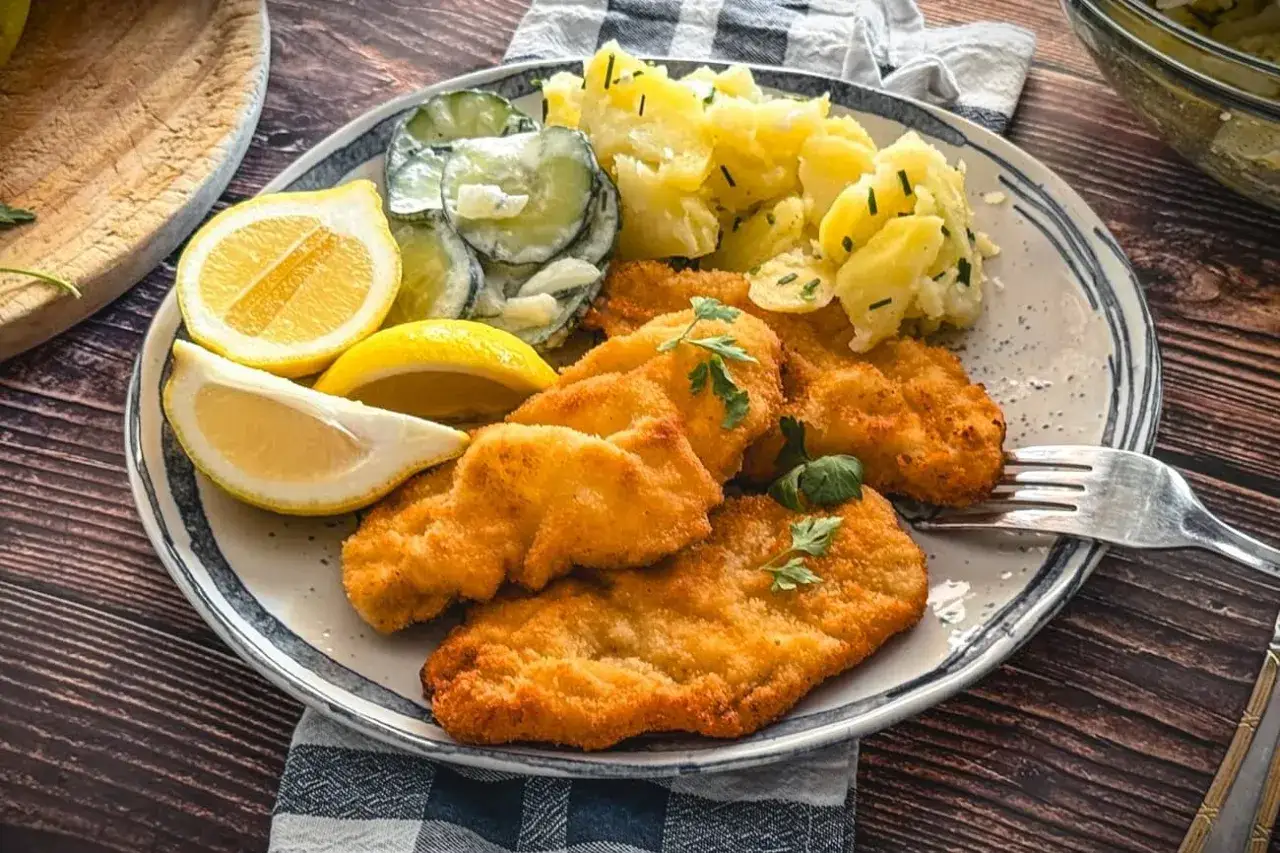 Goldbraunes Schnitzel, perfekt paniert, liegt auf einem Teller mit Kartoffelsalat und Gurkensalat. Zitronenspalten sorgen für Frische.