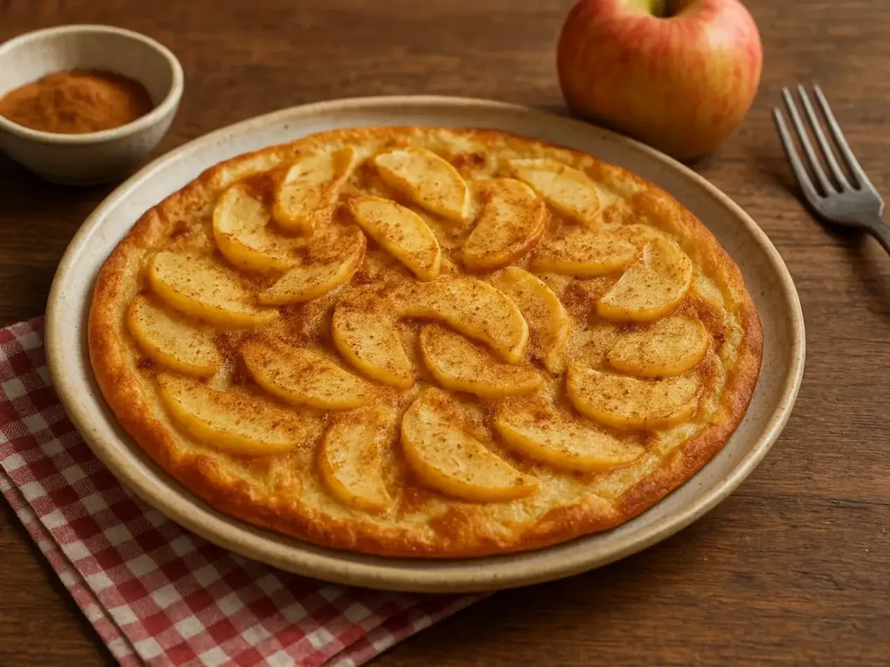 Ein goldbrauner Apfelpfannkuchen, bestreut mit Zimt. Dieses sehr gute Pfannkuchen Rezept ist ein Genuss. Daneben ein Apfel und eine Gabel.