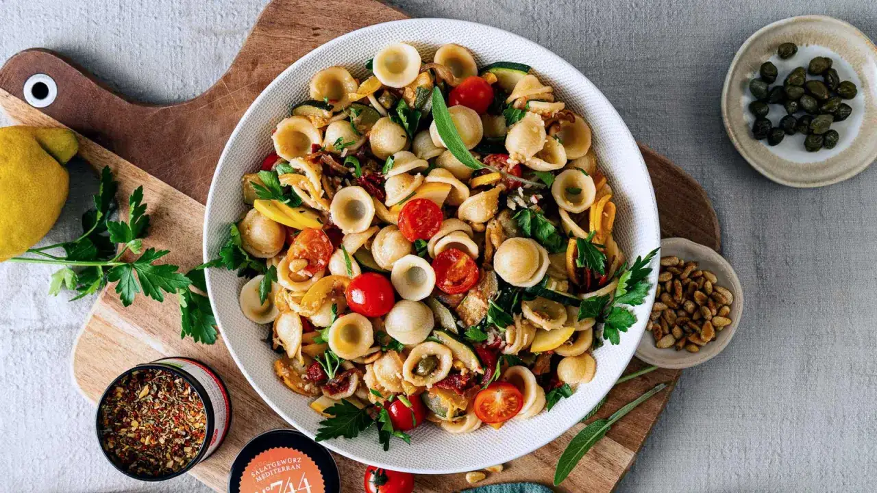 Ein bunter italienischer Nudelsalat mit Orecchiette, Kirschtomaten, Zucchini und Kr&auml;utern, garniert mit Pinienkernen und Kapern.